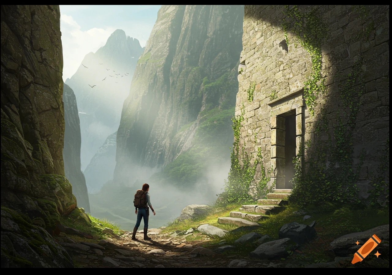 A lone person with a backpack stands on a rocky path in a misty mountain valley, looking towards an ivy-covered stone wall with a hidden doorway.