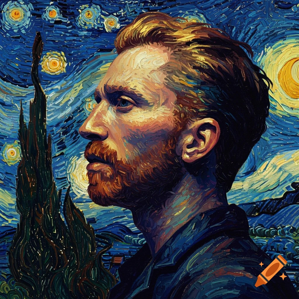 A stylized, painterly profile portrait of a man with a beard, in the style of Van Gogh's Starry Night, against a swirling night sky.