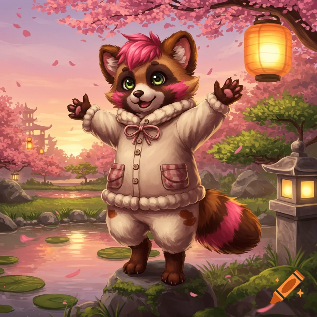 Cute brown and pink anthropomorphic red panda standing with arms open in a Japanese garden with cherry blossoms at sunset.