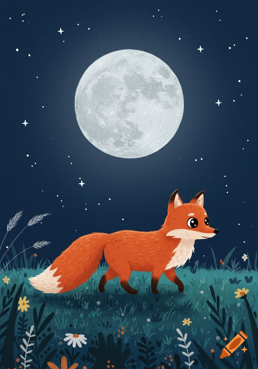A cute cartoon orange fox with big eyes walks through a grassy field under a large full moon and stars at night in a kid-friendly illustration style.