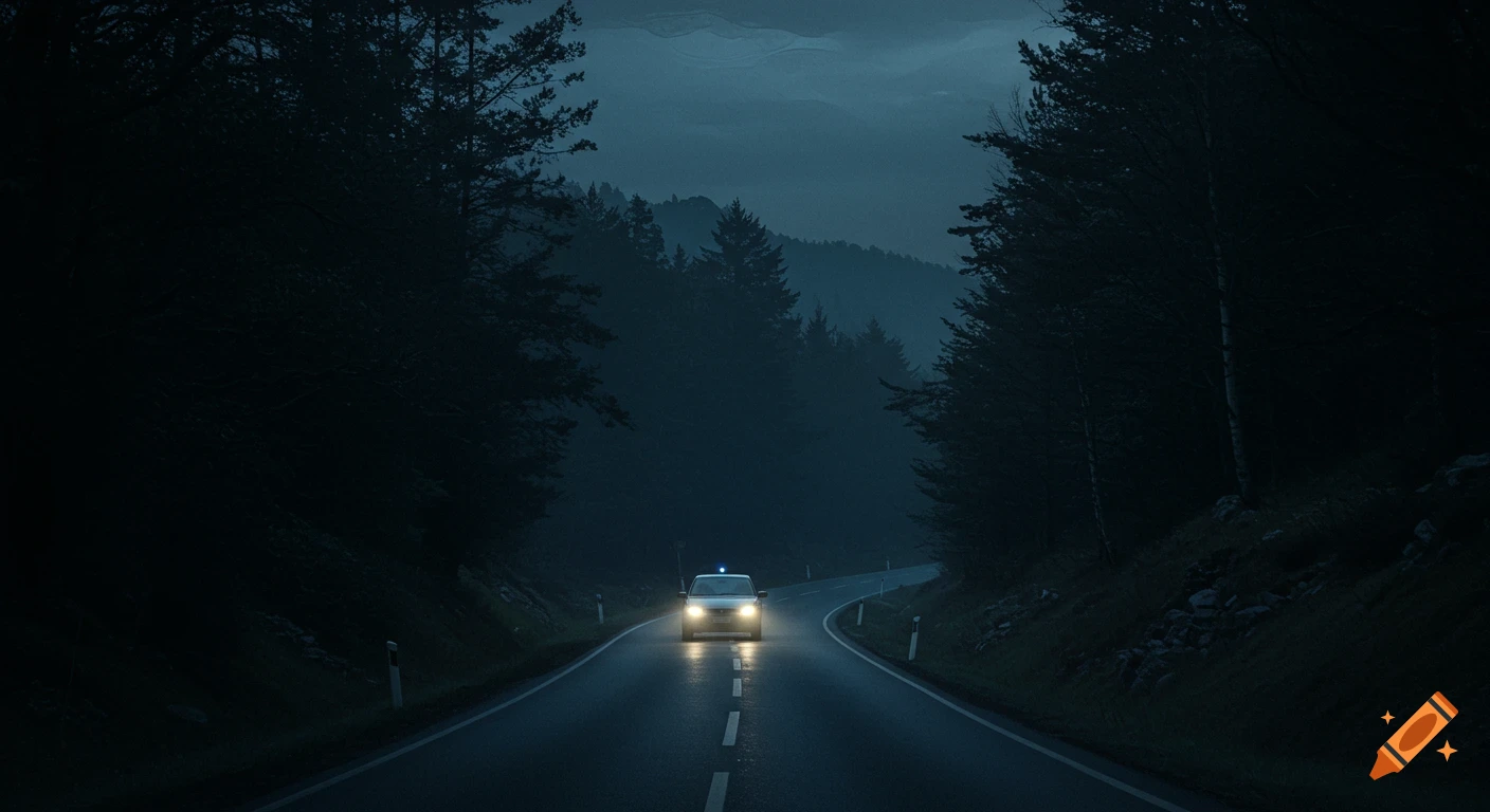 A car with bright headlights drives on a dark, winding country road through dense, eerie forests at night, photorealistic.
