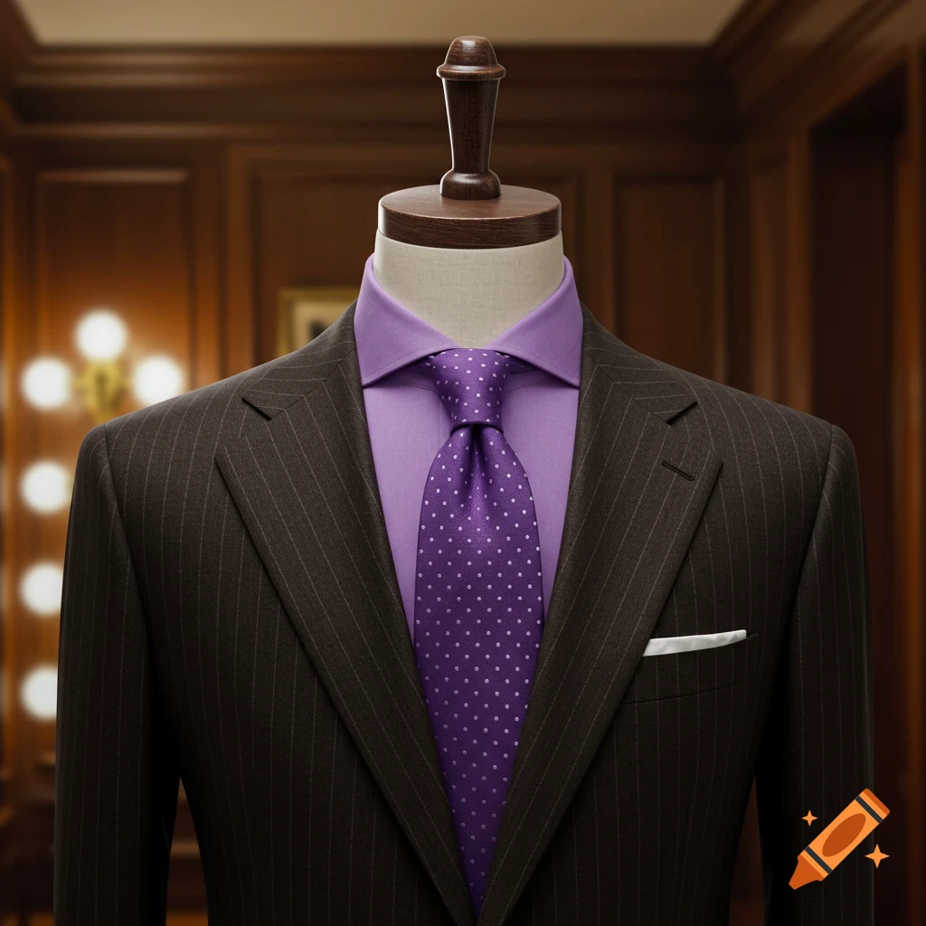 Dark brown pinstripe suit, purple dress shirt, and purple polka dot tie on a mannequin, with peak lapels.