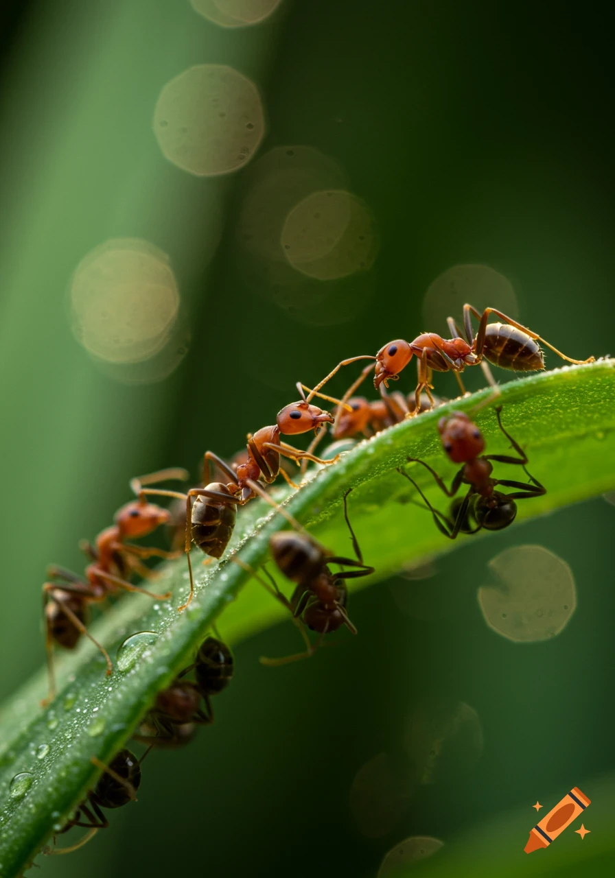 Photorealistic macro shot of several reddish-brown European fire ants crawling on a green leaf covered in water droplets.