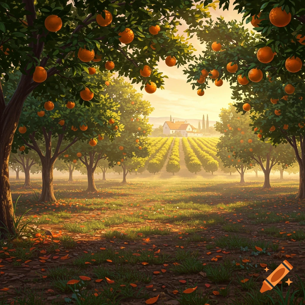A sunlit orange grove with rows of trees, a distant farmhouse, and fallen leaves on the ground at sunset.