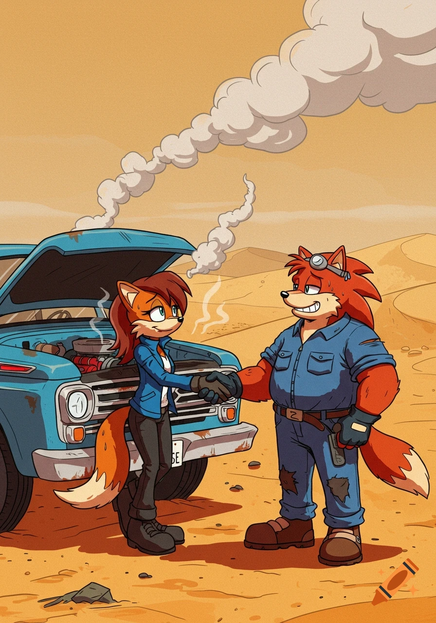 A cartoon female fox shakes hands with a male fox mechanic next to her broken-down blue truck smoking in a desert.