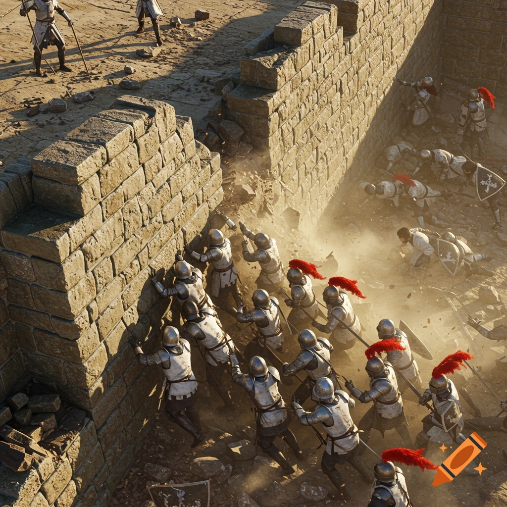 Medieval soldiers in white armor push a crumbling stone wall during a battle, seen from above.