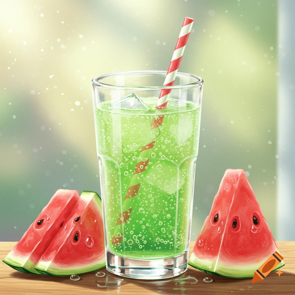 Illustrative image of a tall glass of green soda with ice and a striped straw, next to watermelon slices on a wooden table.
