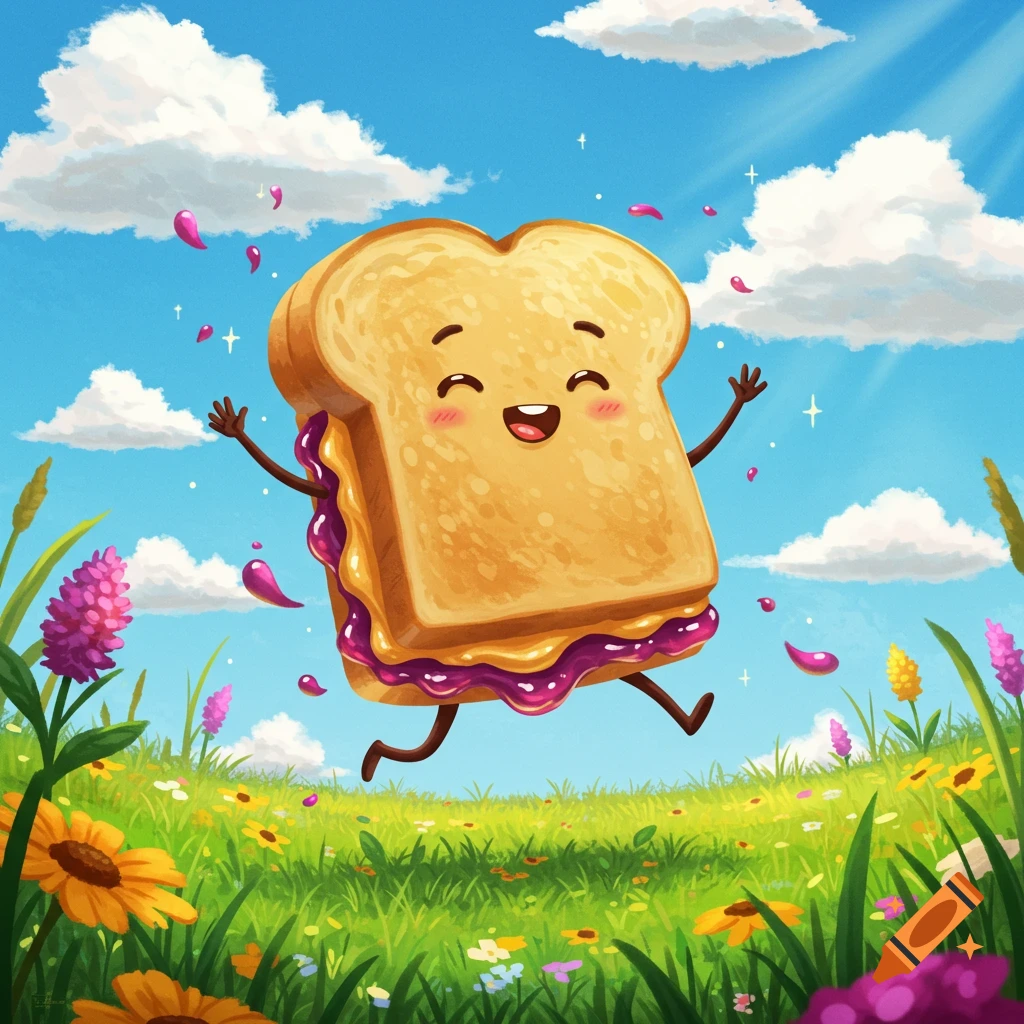 A cheerful cartoon peanut butter and jelly sandwich skips in a sunny, flower-filled meadow, whimsical illustration.