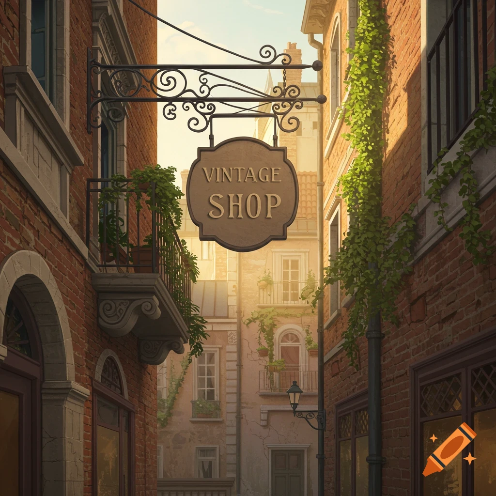 A vintage shop sign hangs above a narrow, sunlit historic city alley with brick buildings and lush green plants.