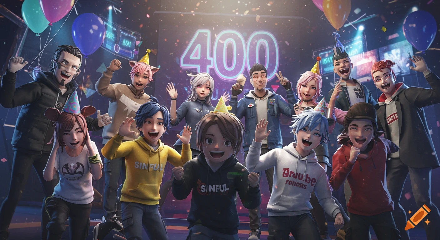 A diverse group of stylized 3D animated characters celebrating with confetti, balloons, and party hats under a glowing "400" sign.