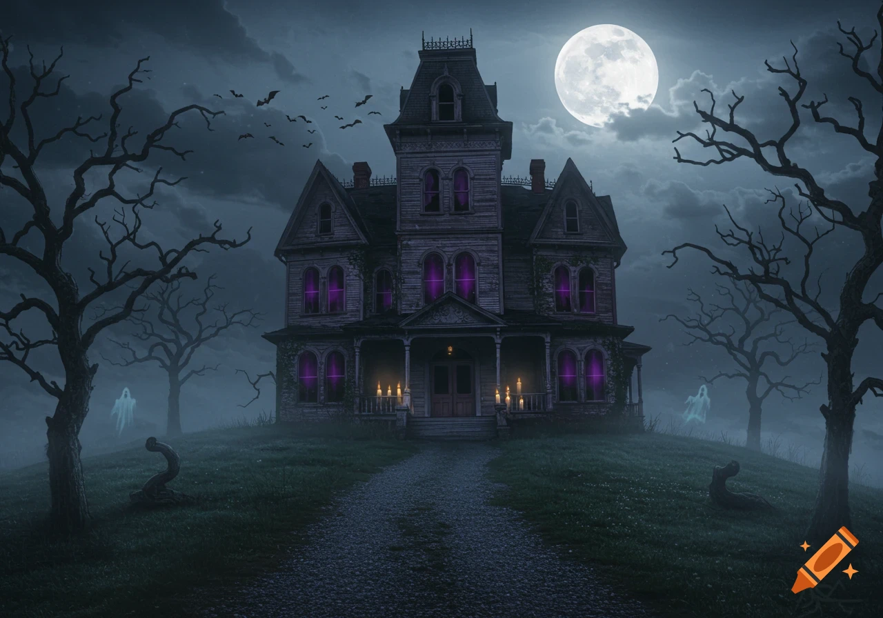A spooky haunted Victorian mansion with purple glowing windows, bare trees, bats, and ghosts under a full moon.