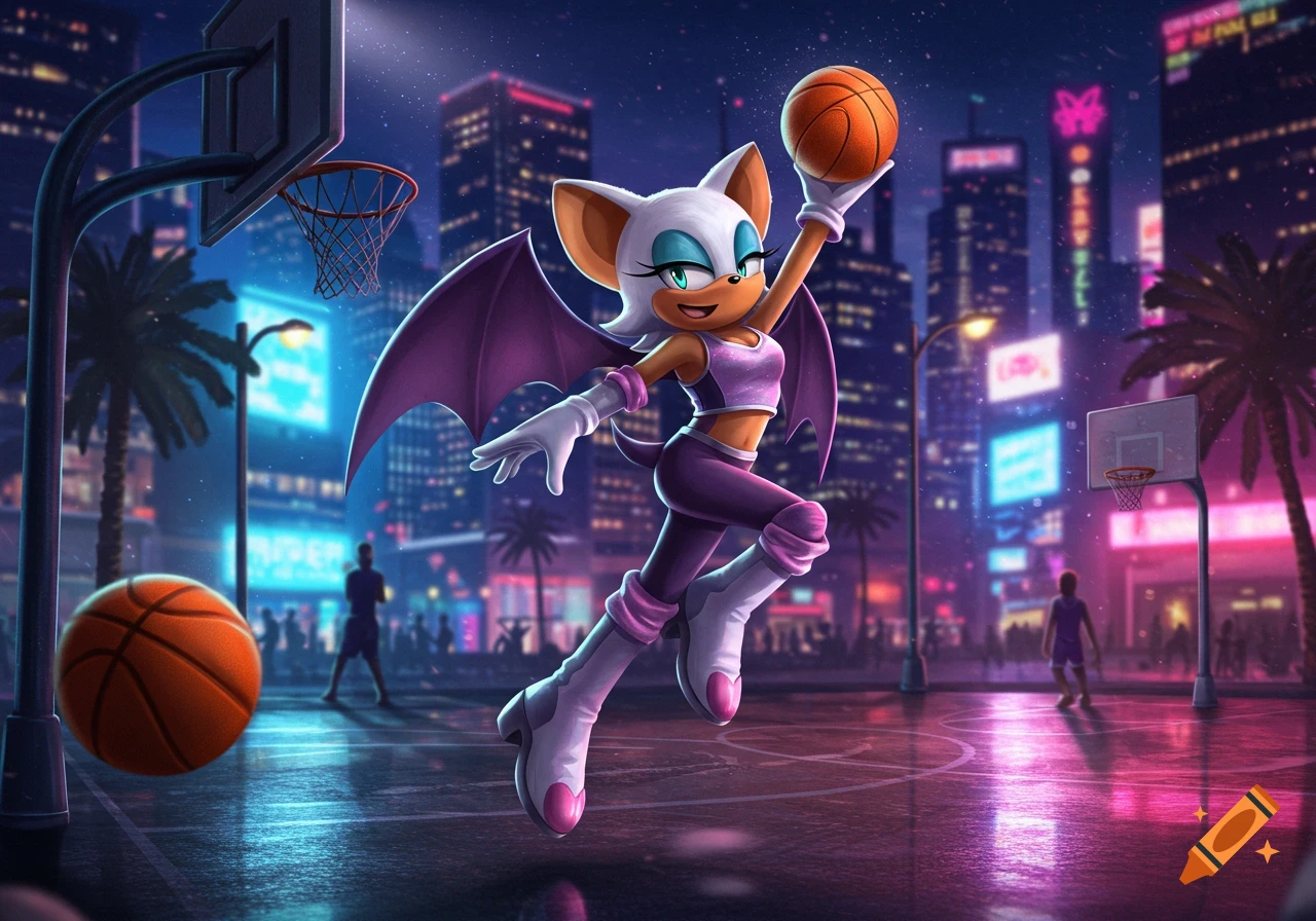 Rouge the Bat, a white bat character, leaps to dunk a basketball on an outdoor court in a vibrant, neon-lit city at night.