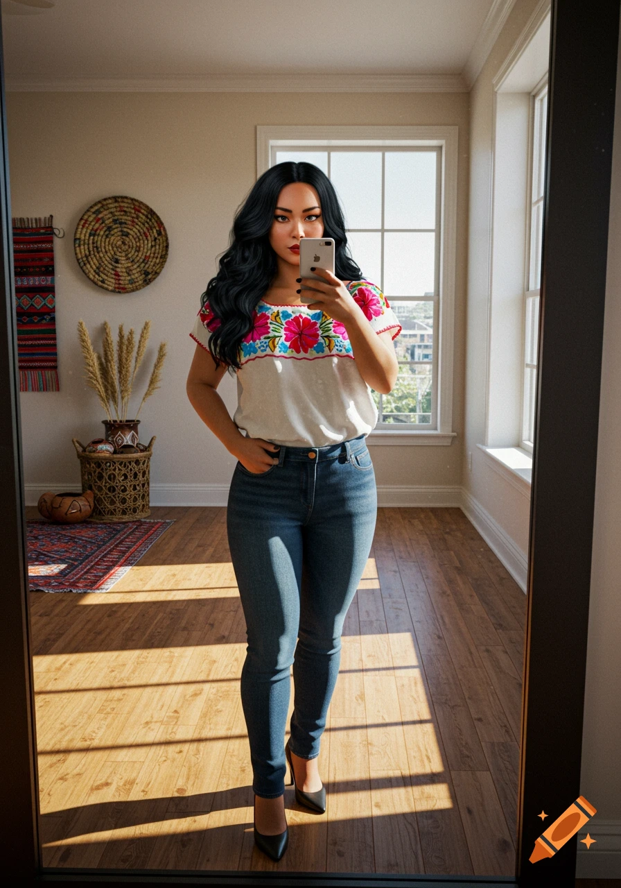 A woman with dark hair wearing an embroidered white top, blue jeans, and black heels takes a mirror selfie in a sunlit room with wooden floors.