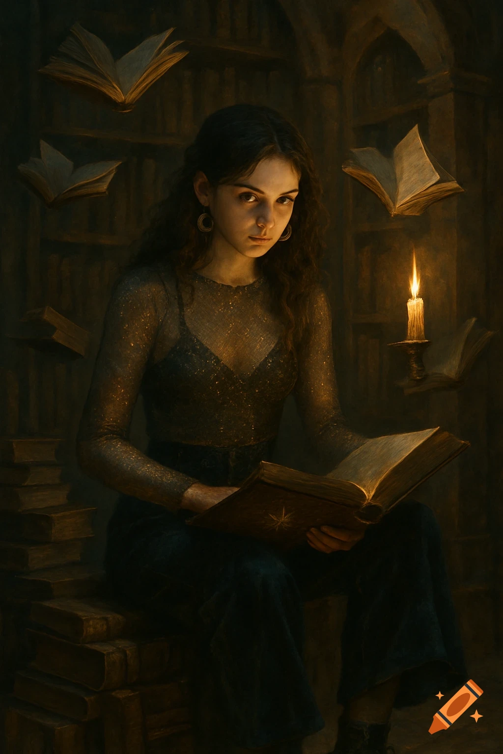 Young woman with long dark hair reads a glowing book in a dark, candlelit fantasy library with floating books.