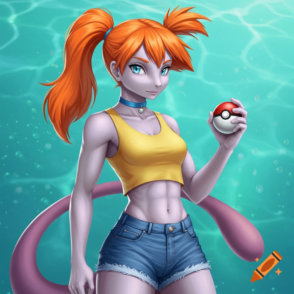 Misty with light purple skin and a Mewtwo tail, wearing a yellow crop top and shorts, holds a Pokeball underwater.