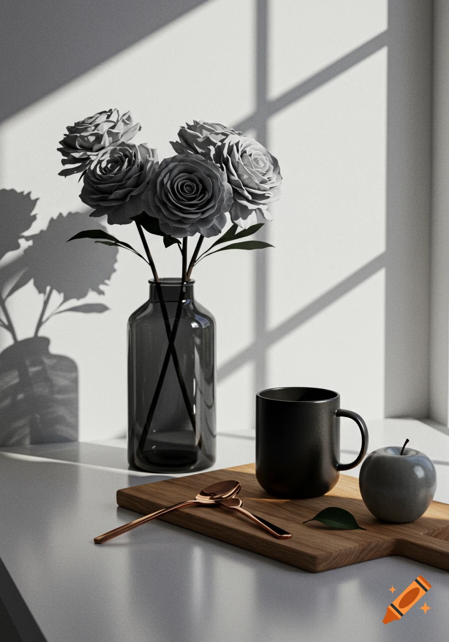 A monochromatic still life featuring roses in a dark vase, a black mug, copper spoons, and an apple on a wooden cutting board, with window light casting shadows.