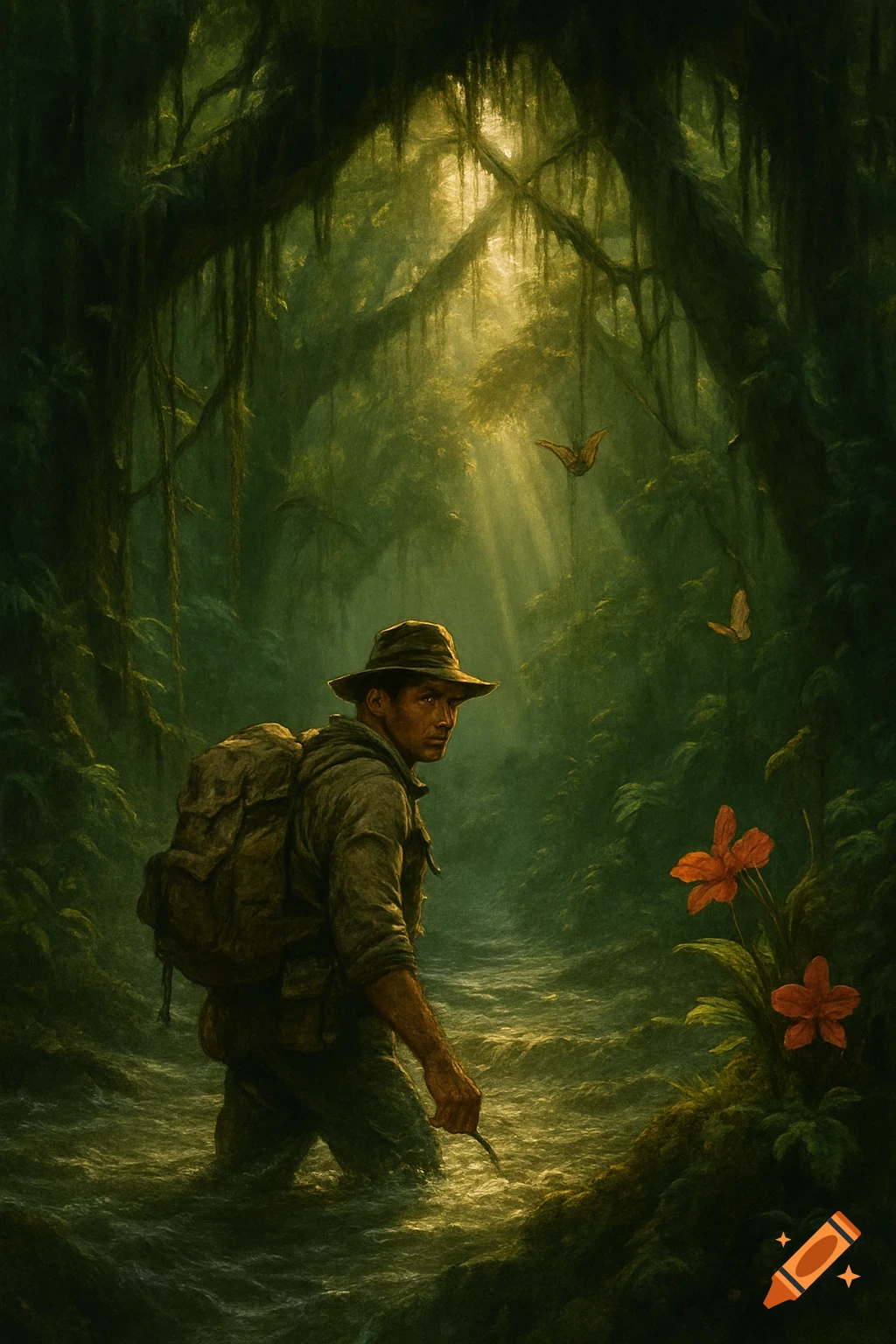 An adventurer with a backpack wades through a sunlit jungle river, looking back. Digital painting style.