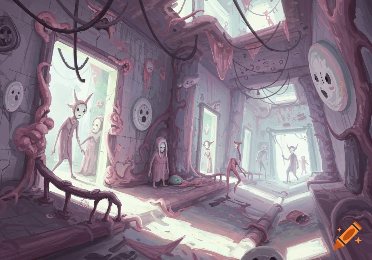 An eerie digital painting of a decaying, organic hallway with several masked humanoid figures, some with horns, in a surreal, dreamlike atmosphere.
