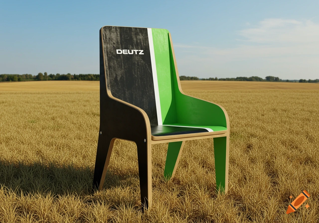 A modern chair inspired by Deutz tractors, colored black, white, and green, stands in a golden field under a blue sky.