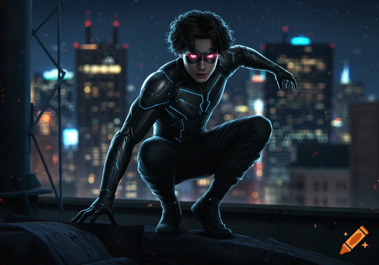A teenage superhero with glowing red eyes in a black high-tech suit crouches on a rooftop at night, cityscape background.