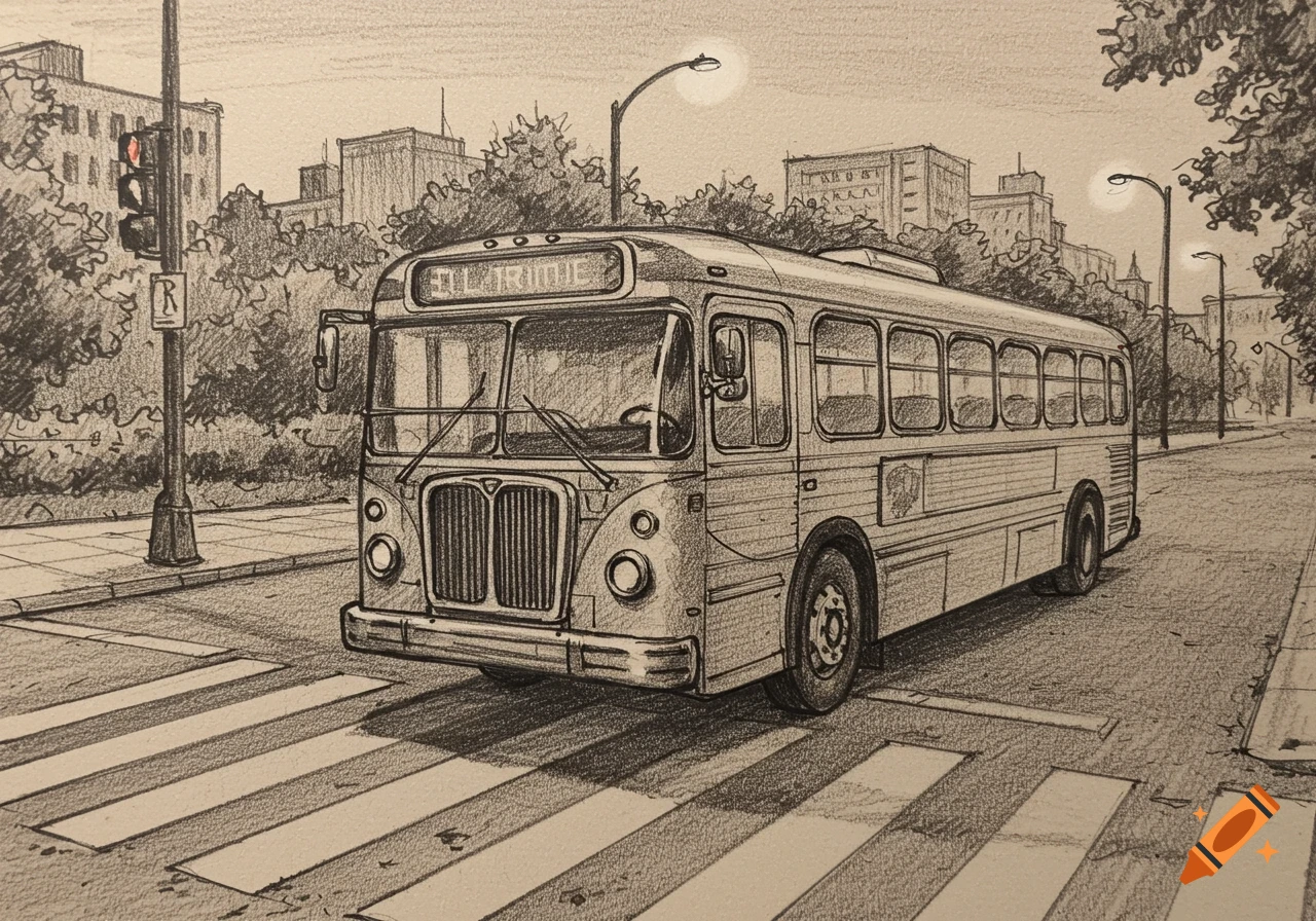 A monochrome sketch of an old-fashioned bus at a city crosswalk with buildings and trees in the background.