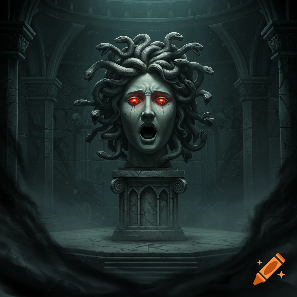 Medusa's screaming head statue with glowing red eyes and snakes for hair on a pedestal in a dark, gothic, fog-filled room, fantasy art.