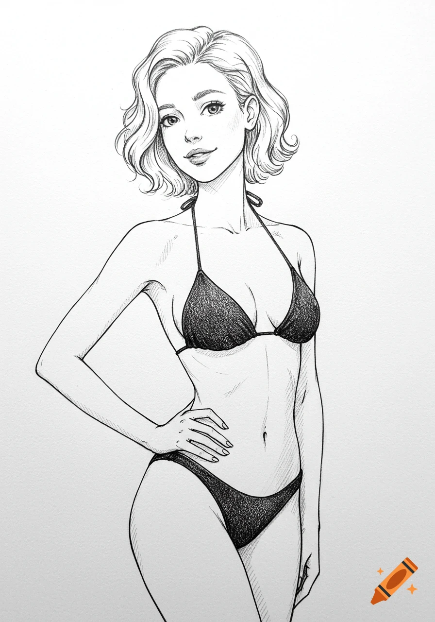 Pencil sketch of a smiling woman with short hair in a black bikini, hand on hip.