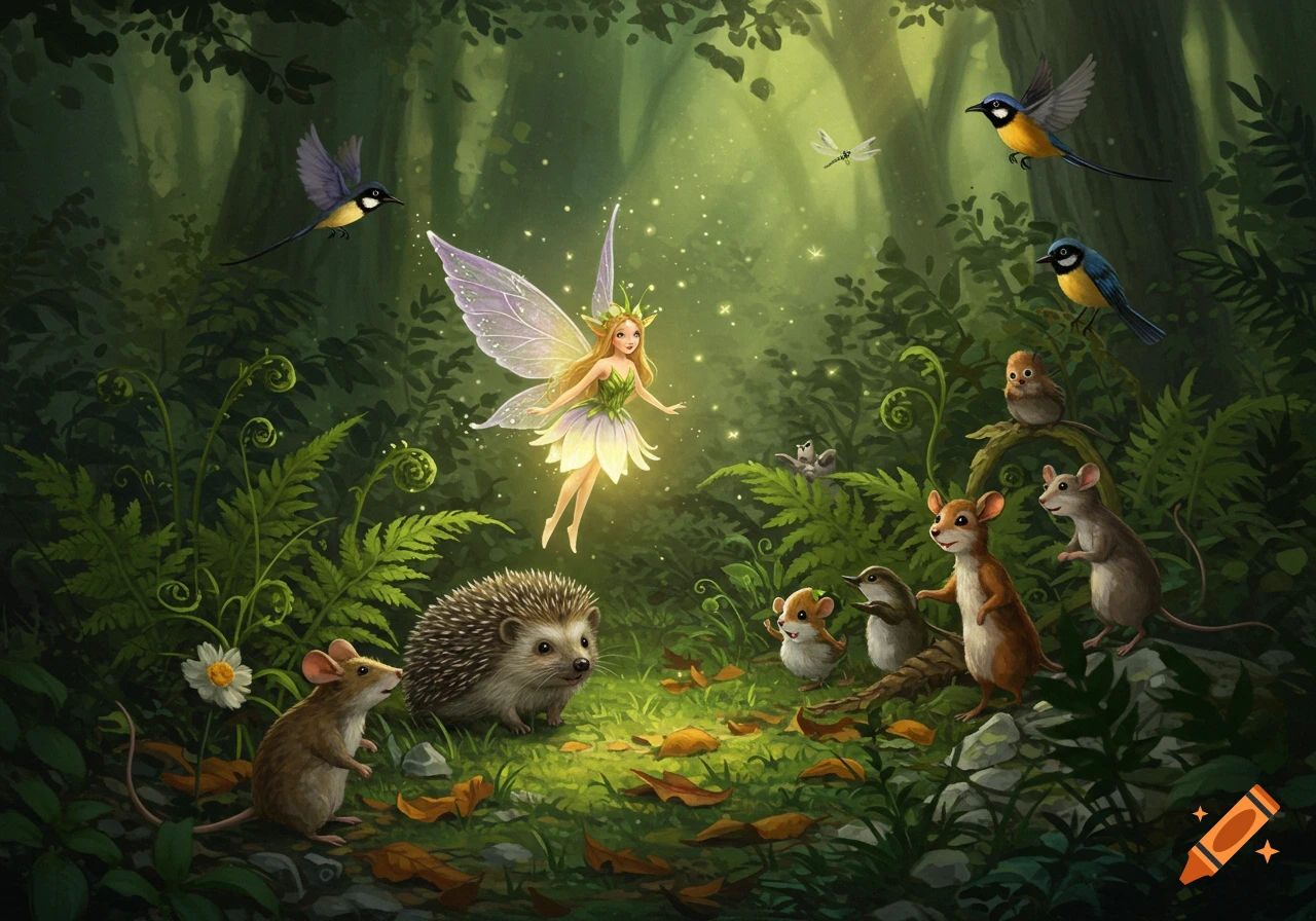 A glowing fairy floats in a magical forest, surrounded by hedgehogs, mice, birds, and a dragonfly in an illustrated style.