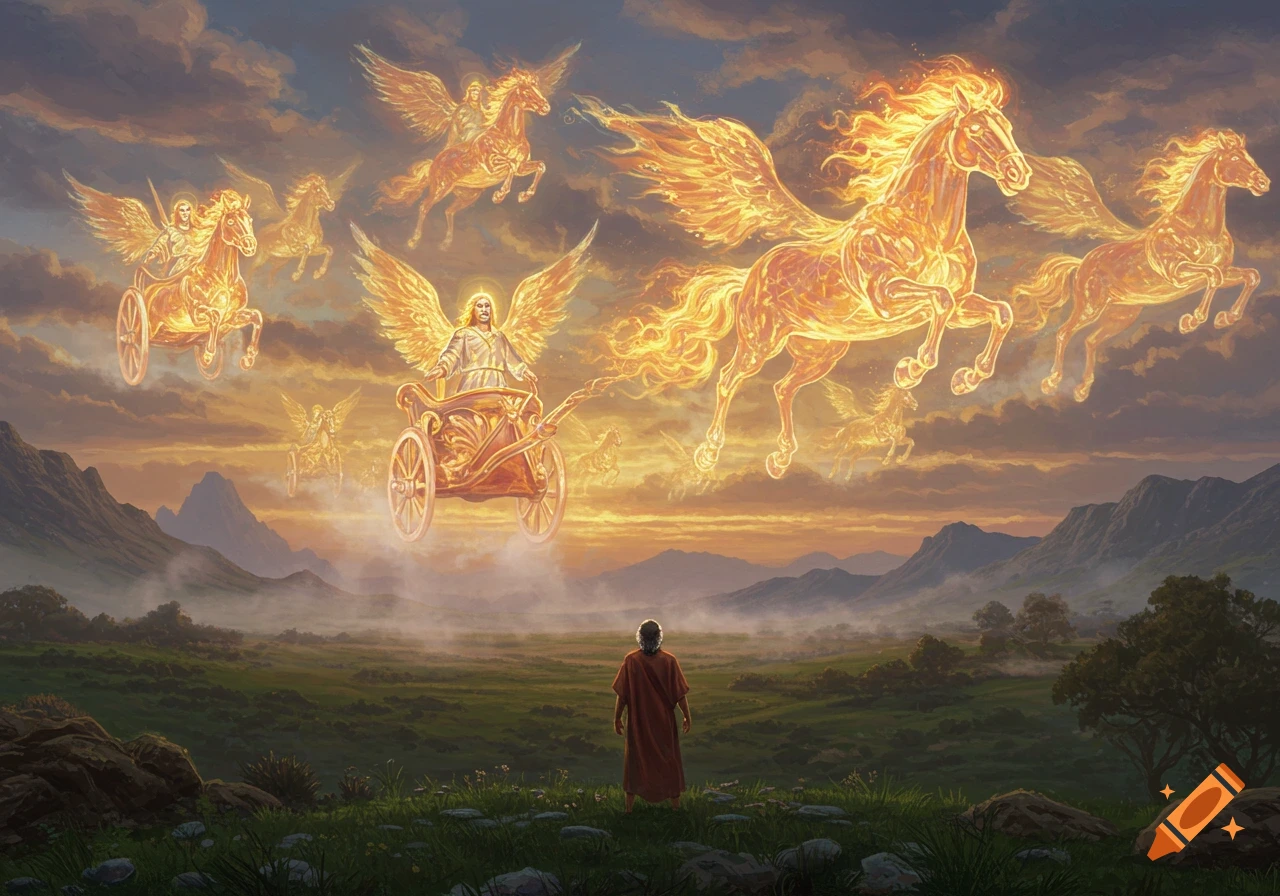 A man in a red robe watches glowing winged horses and chariots with angels fly across a sunset sky over a green landscape.