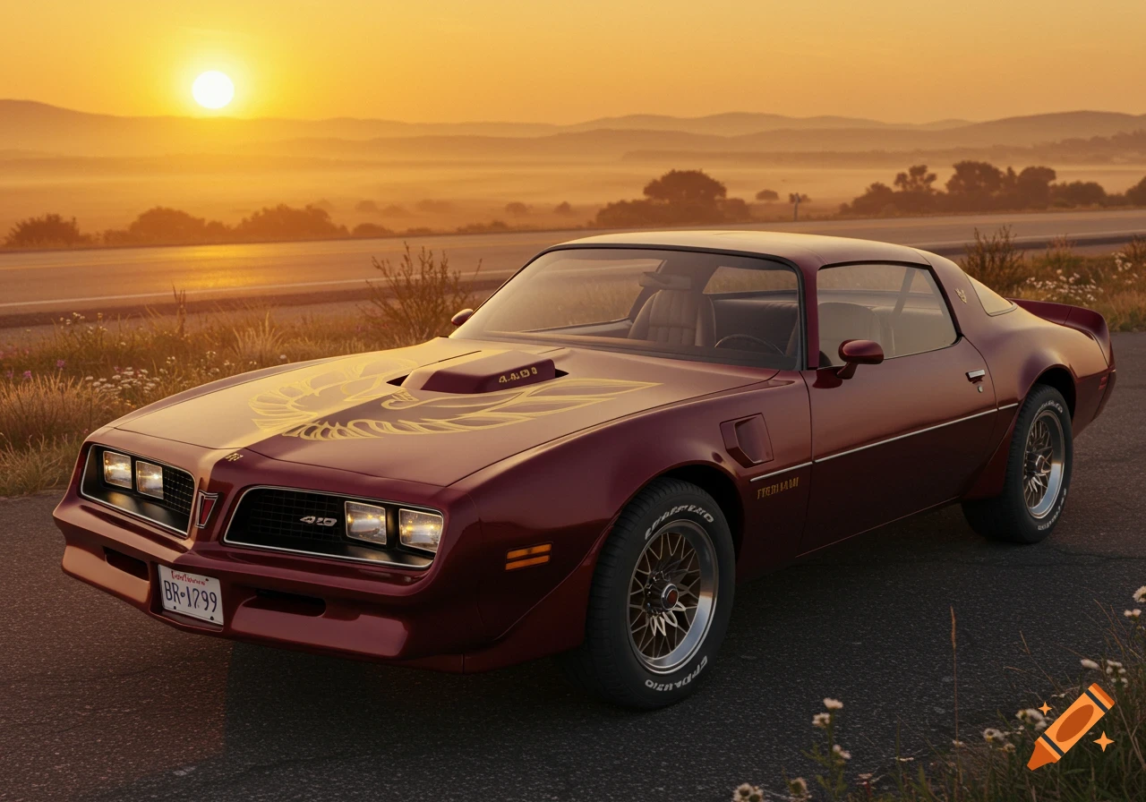 A burgundy 1981 TransAm with a gold Firebird emblem on the hood and aluminum wheels, parked on a road at sunset.