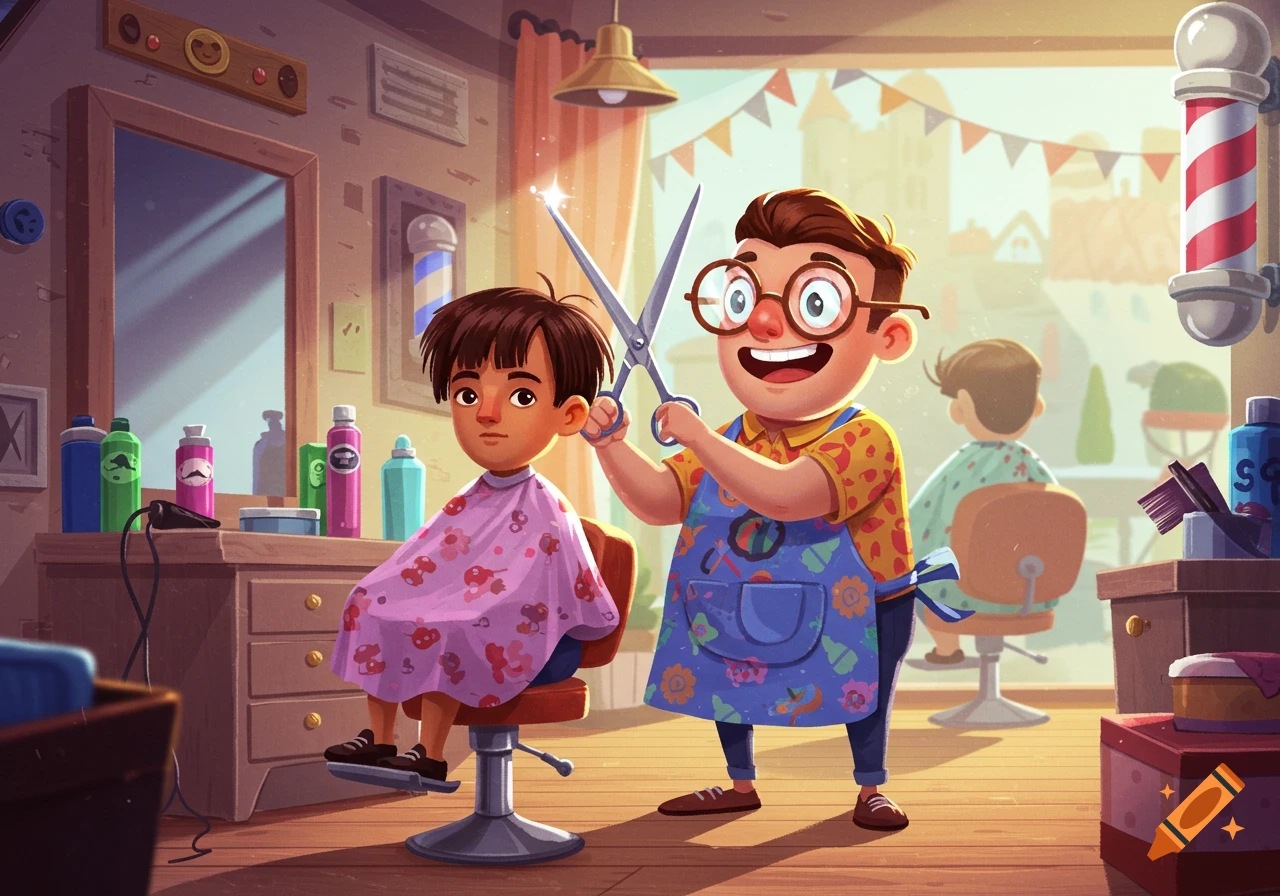 A cheerful cartoon barber gives a haircut to a child in a bright barbershop scene, another child visible in the background.