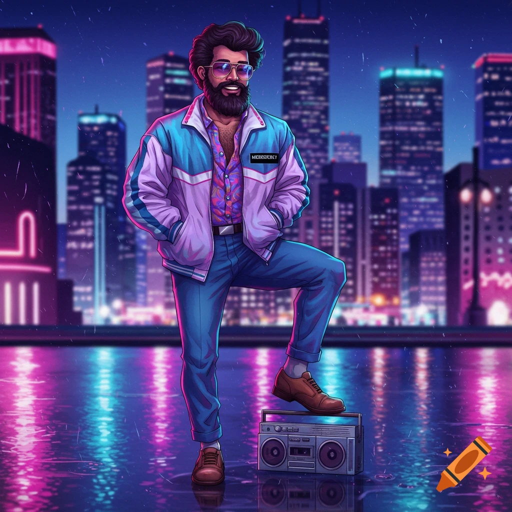 Cartoon of a bearded man in a retro 80s jacket and sunglasses, with one foot on a boombox, in a neon city at night.