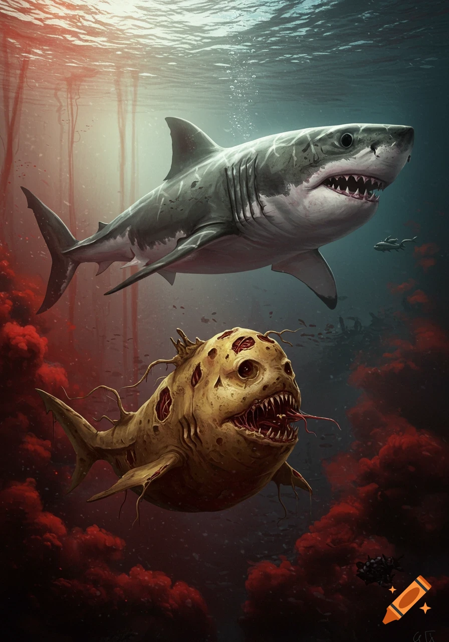 A great white shark swims above a grotesque, zombie-like fish in dark, reddish underwater depths.