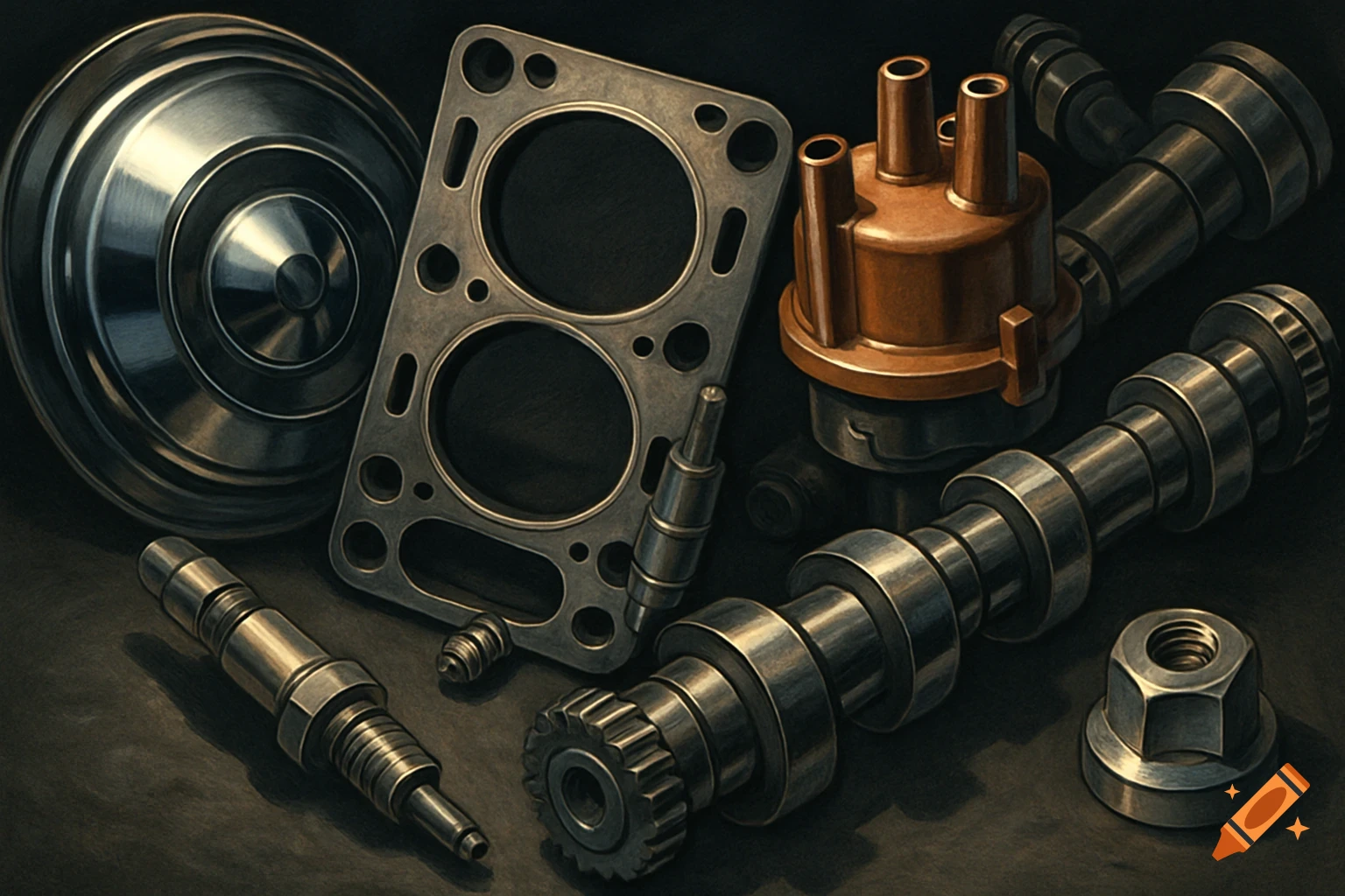 Still life of various metallic automotive engine parts including a cylinder head gasket, camshaft, distributor cap, and injector.