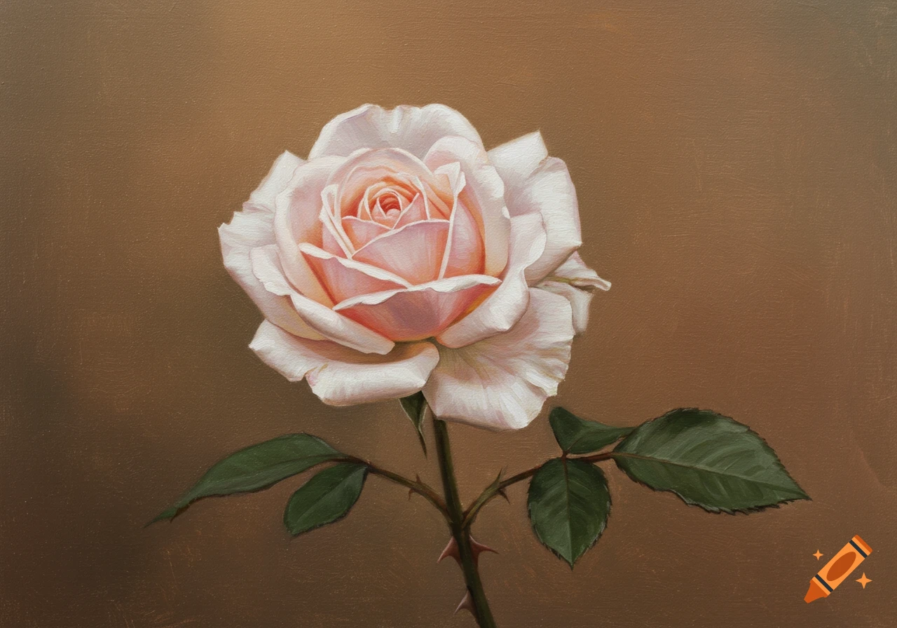 A detailed oil painting of a single light pink rose with green leaves and thorns against a warm brown background.