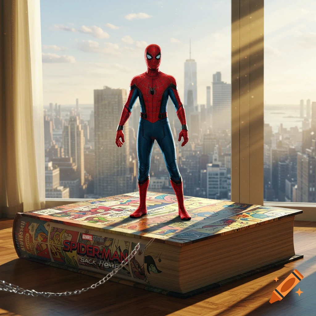 Spider-Man stands on a giant comic book titled 'Spider-Man Back Home', overlooking a sunlit city skyline.