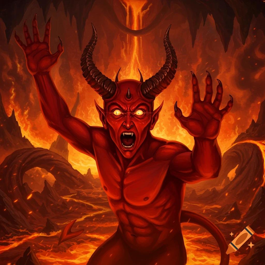 A red devil with horns screams with arms raised in a fiery hellscape, digital painting.