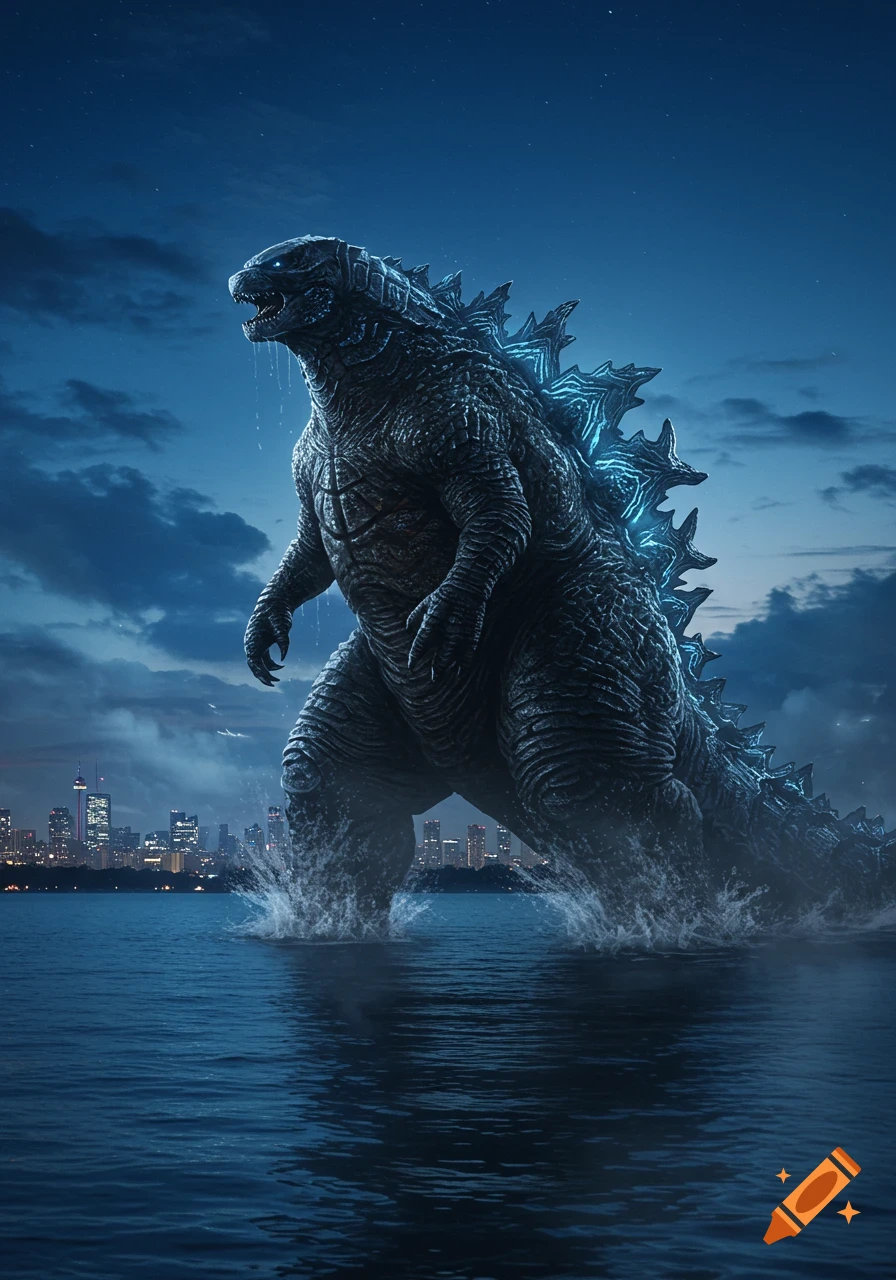 Photorealistic image of Godzilla emerging from dark waters with a city skyline in the background under a starry night sky.