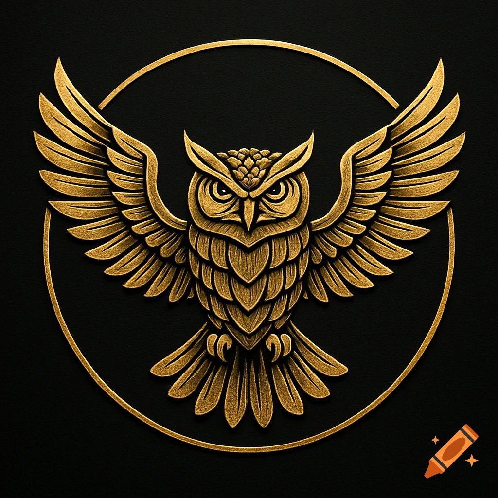 Detailed golden owl logo with outstretched wings inside a circular border on a dark background.