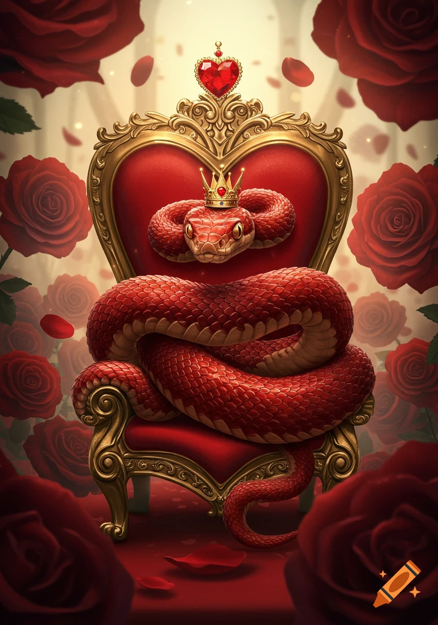 A regal red snake wearing a golden crown, coiled on an ornate red and gold heart-shaped throne, surrounded by red roses.