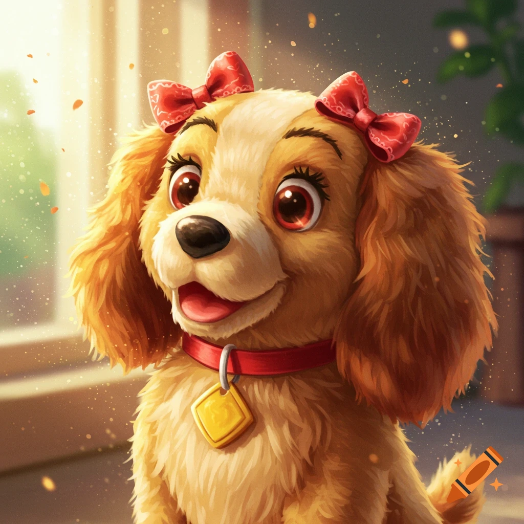A happy, cartoonish golden-brown puppy with red bows on its ears and a red collar smiles in a bright, sparkling scene.