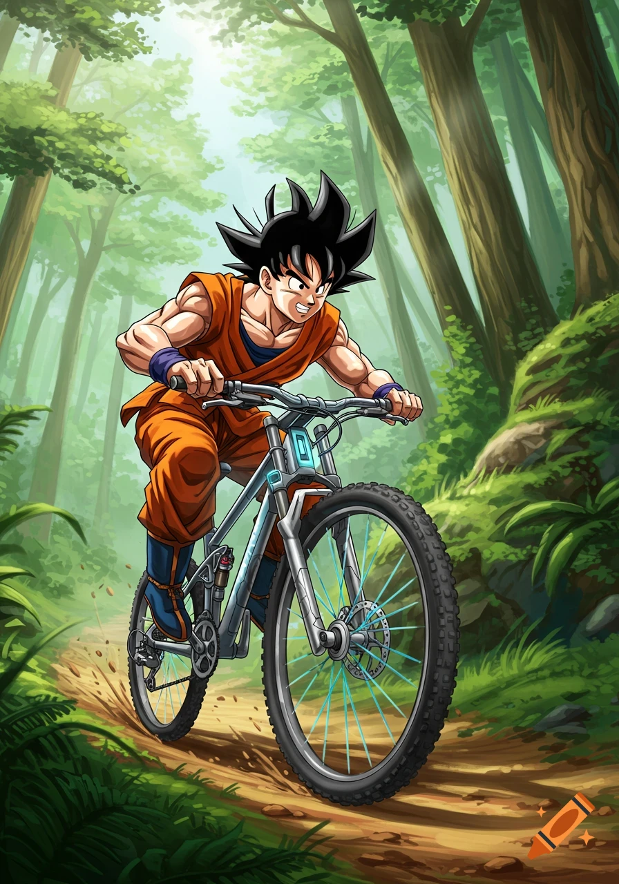 Goku mountain biking through a green forest path in a dynamic anime illustration.