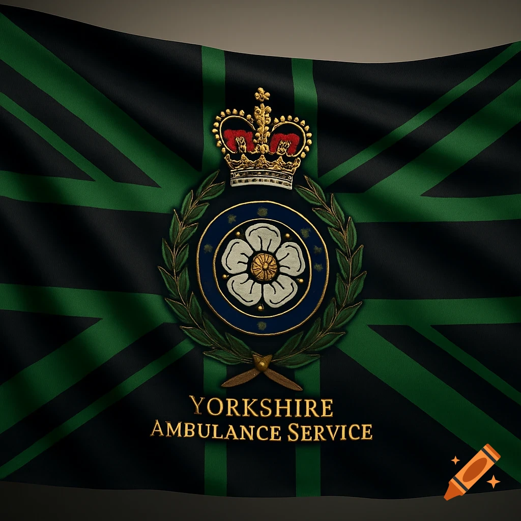 A dark green and black Union Flag with a central crest featuring a white rose, a crown, and the text 'YORKSHIRE AMBULANCE SERVICE'.