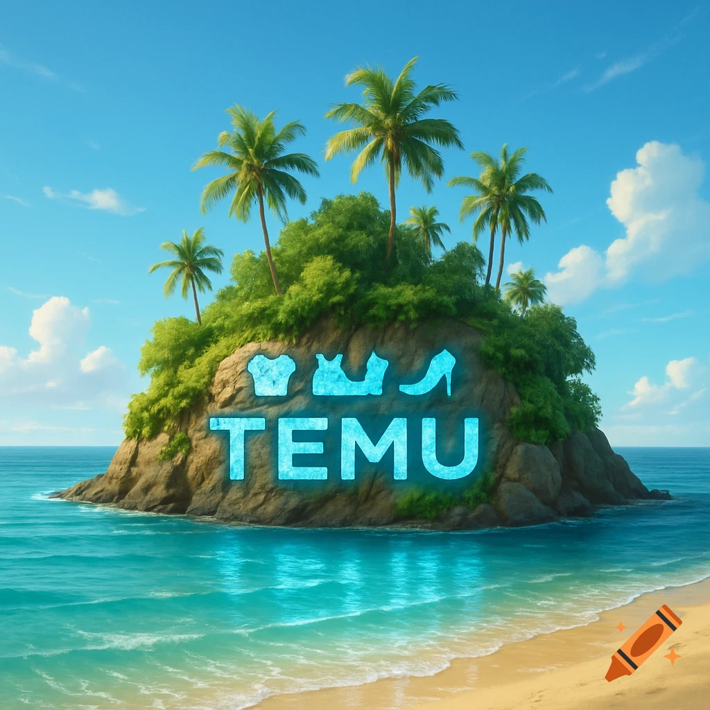 A vibrant stylized image of a tropical island with palm trees, a sandy beach, and clear blue ocean. The island's rocky face features a glowing blue "TEMU" logo with fashion icons above it.