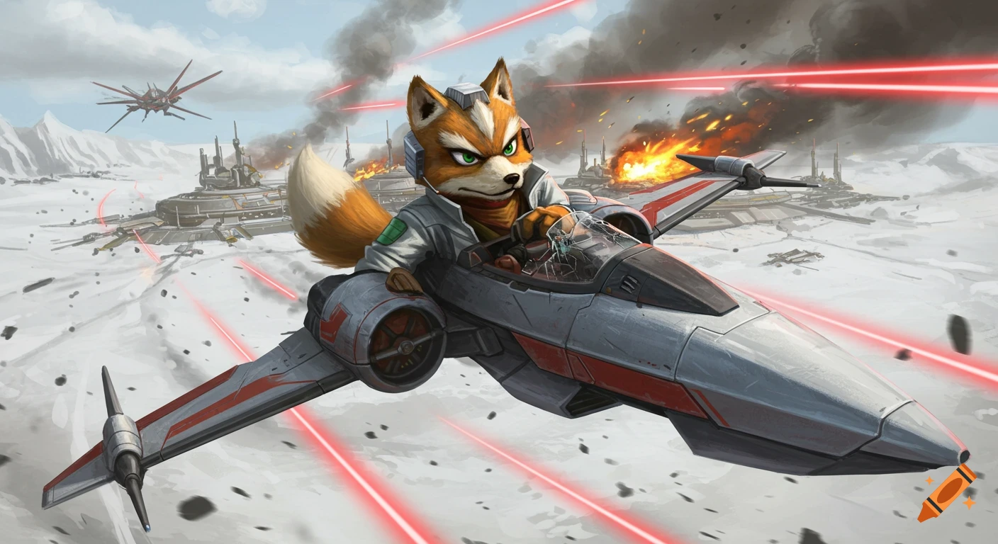 Starfox pilots his R-Wing fighter through an aerial battle over a snowy, futuristic military base, lasers flying past.
