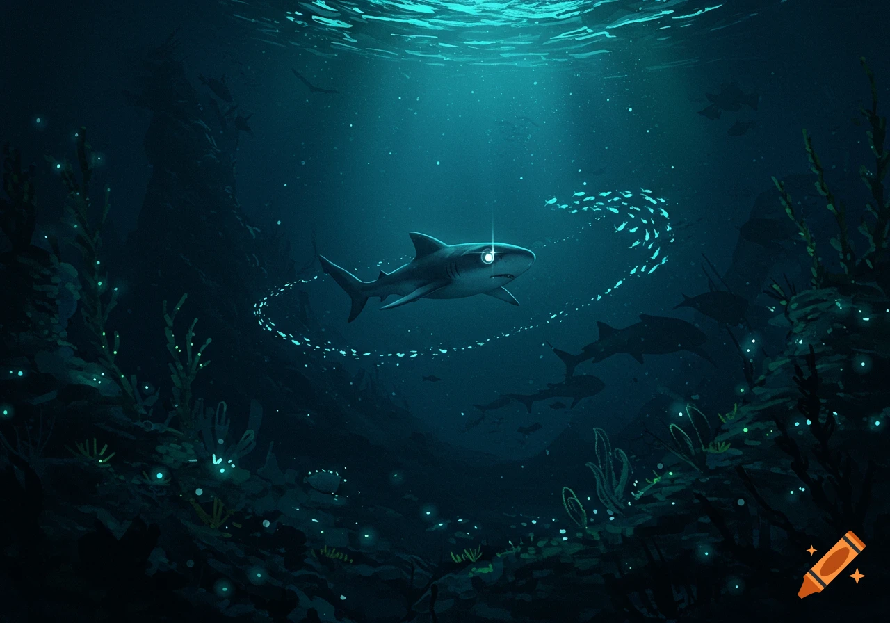 An artistic depiction of a shark with a glowing eye swimming in a dark, bioluminescent deep-sea environment with schools of small fish.
