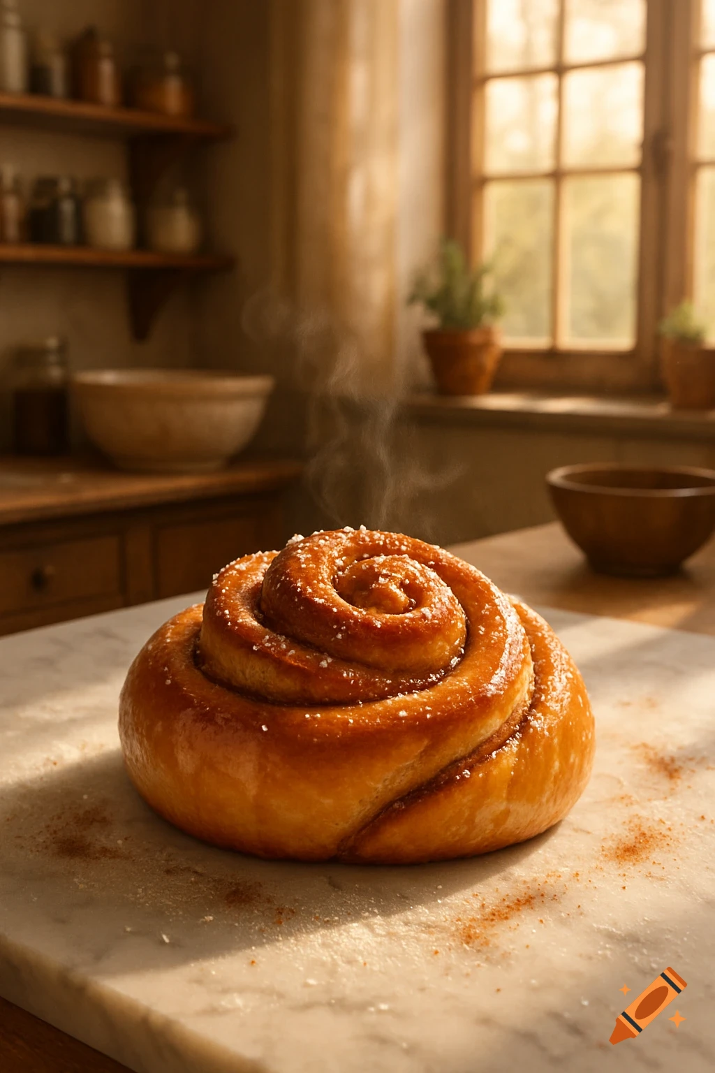 Steaming, photorealistic classic Swedish cinnamon bun sprinkled with sugar on a marble counter in a cozy kitchen.