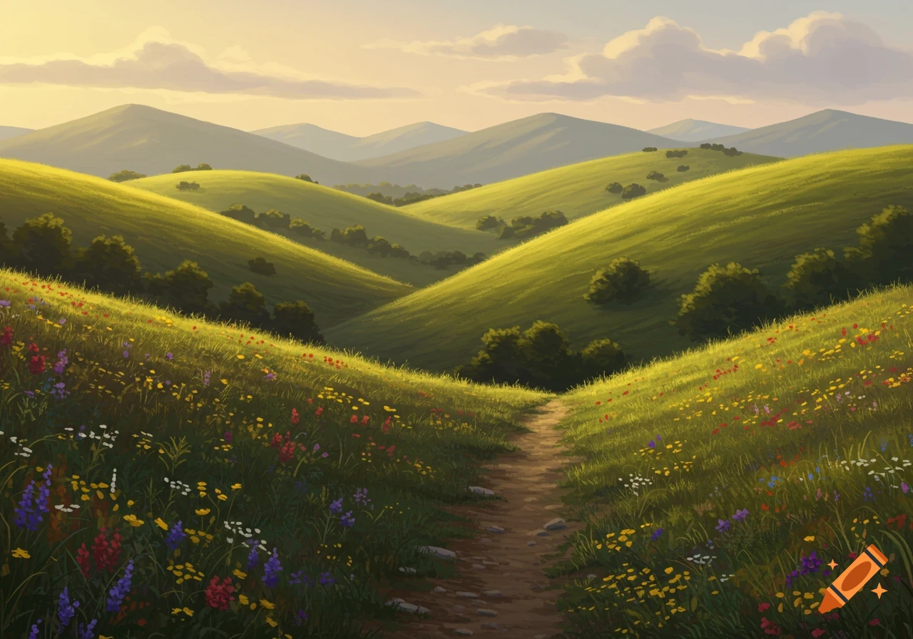 A dirt path winds through rolling green hills covered in colorful wildflowers under a soft, golden sky, in a digital painting style.
