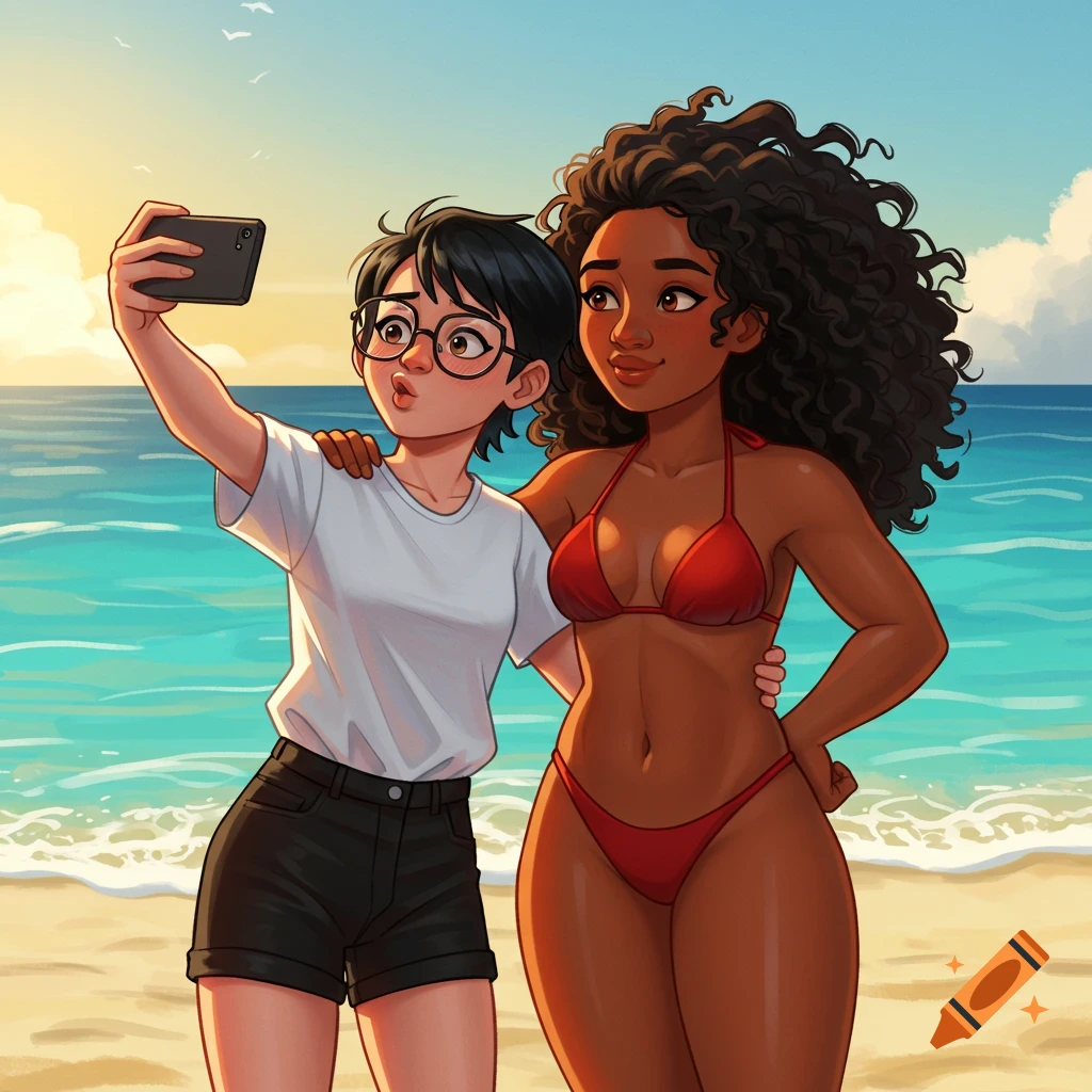Two animated women take a beach selfie: one in a red bikini, the other in a white t-shirt and shorts, against a sunny ocean backdrop.