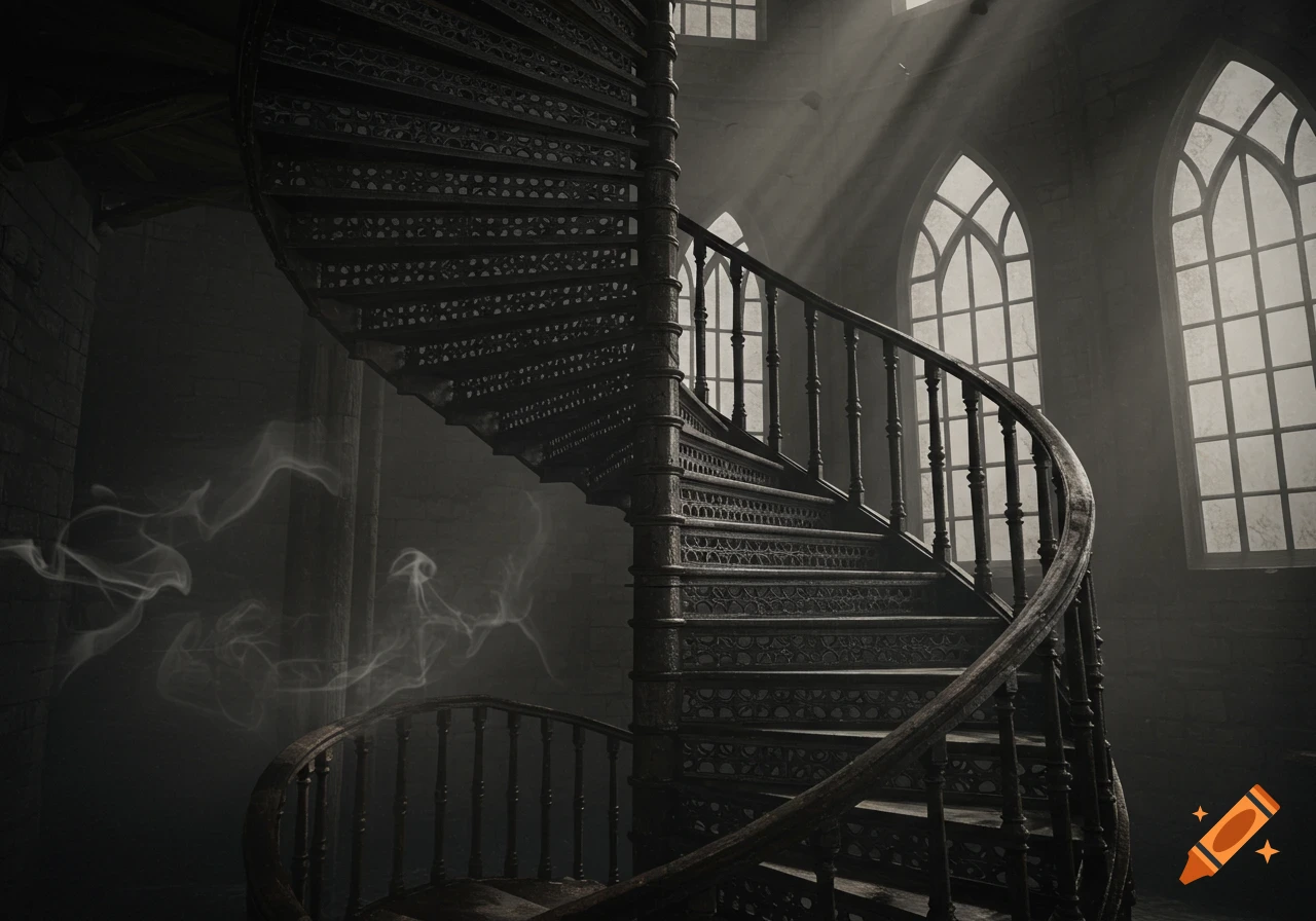 A dark, atmospheric spiral staircase with intricate metalwork and an ornate wooden railing, lit by shafts of light from arched windows, in a gothic style.
